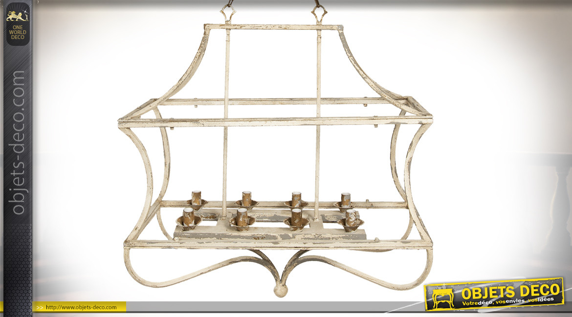 Suspension cage en métal finition crème antique, 8 feux centraux, 90cm