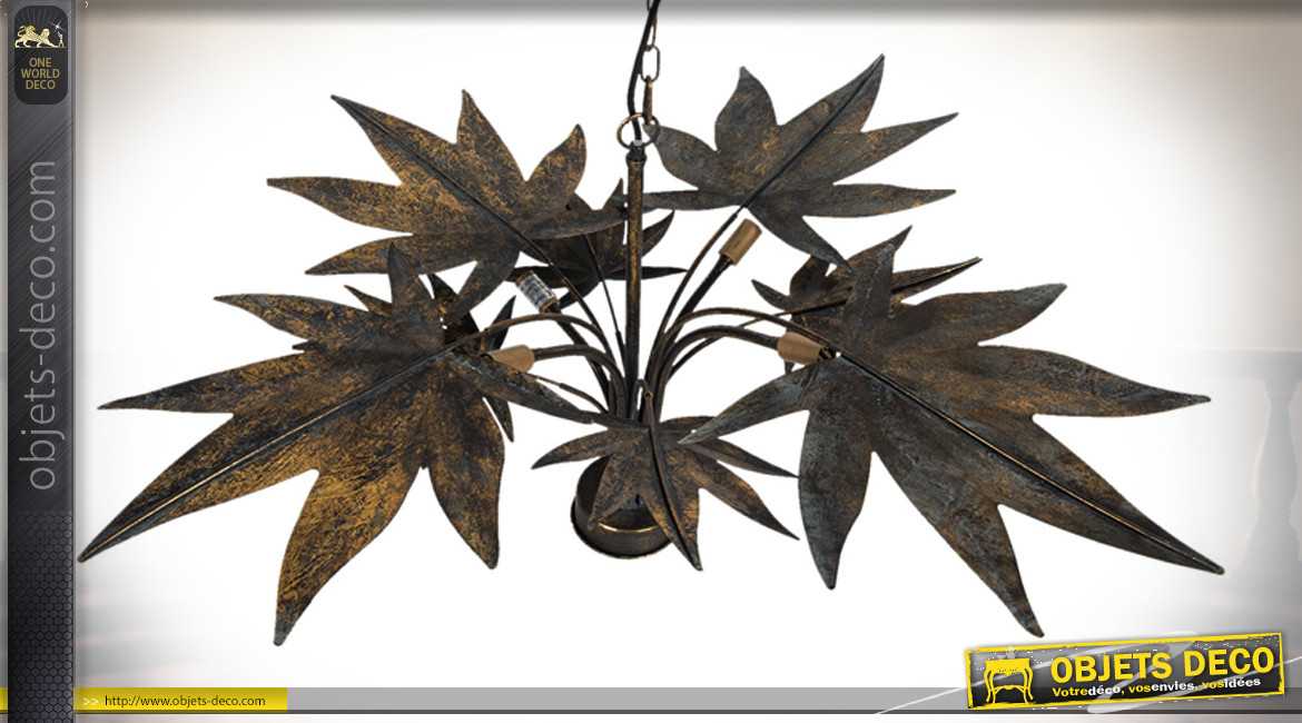Grande suspension à 4 feux en métal, grandes feuilles finition laiton vieilli, Ø86cm