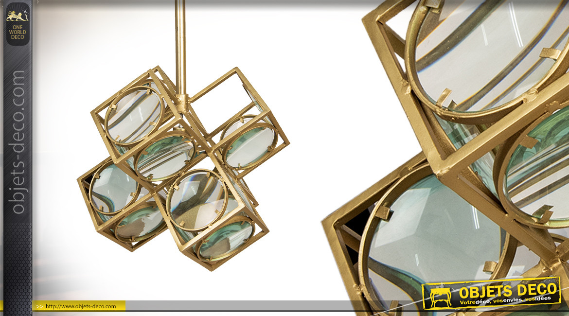 Suspension moderne en métal et verre, finition laiton doré, ambiance cubique, 46cm