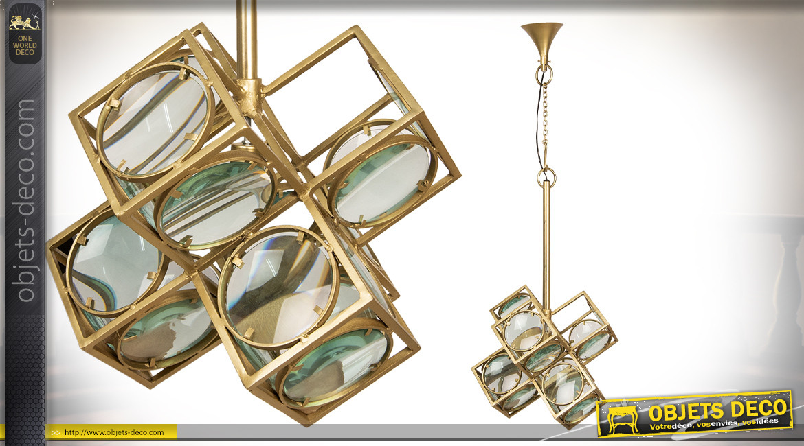 Suspension moderne en métal et verre, finition laiton doré, ambiance cubique, 46cm