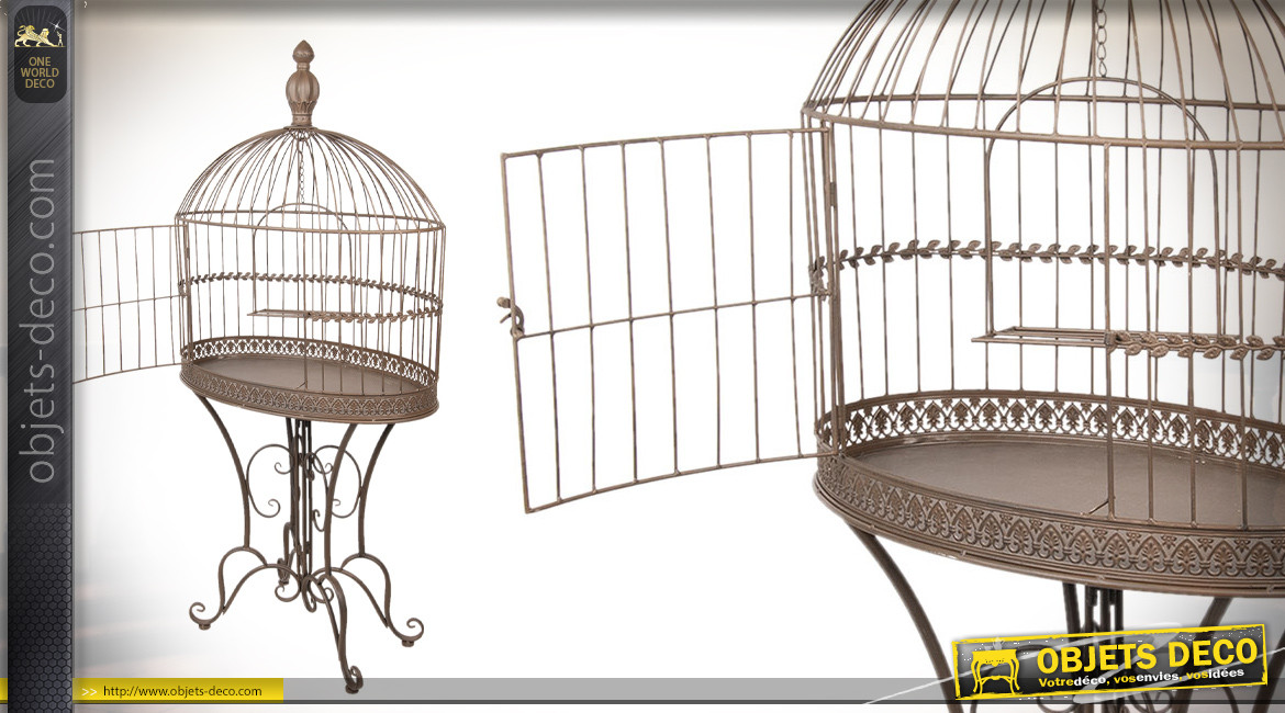 Grande cage à oiseau décorative sur pied, de forme ovale, finition cuivre vieilli, 142cm