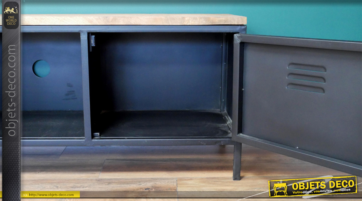 Meuble TV en bois de manguier et métal finition noir charbon, ambiance indus avec tiroir grillagé, 160cm
