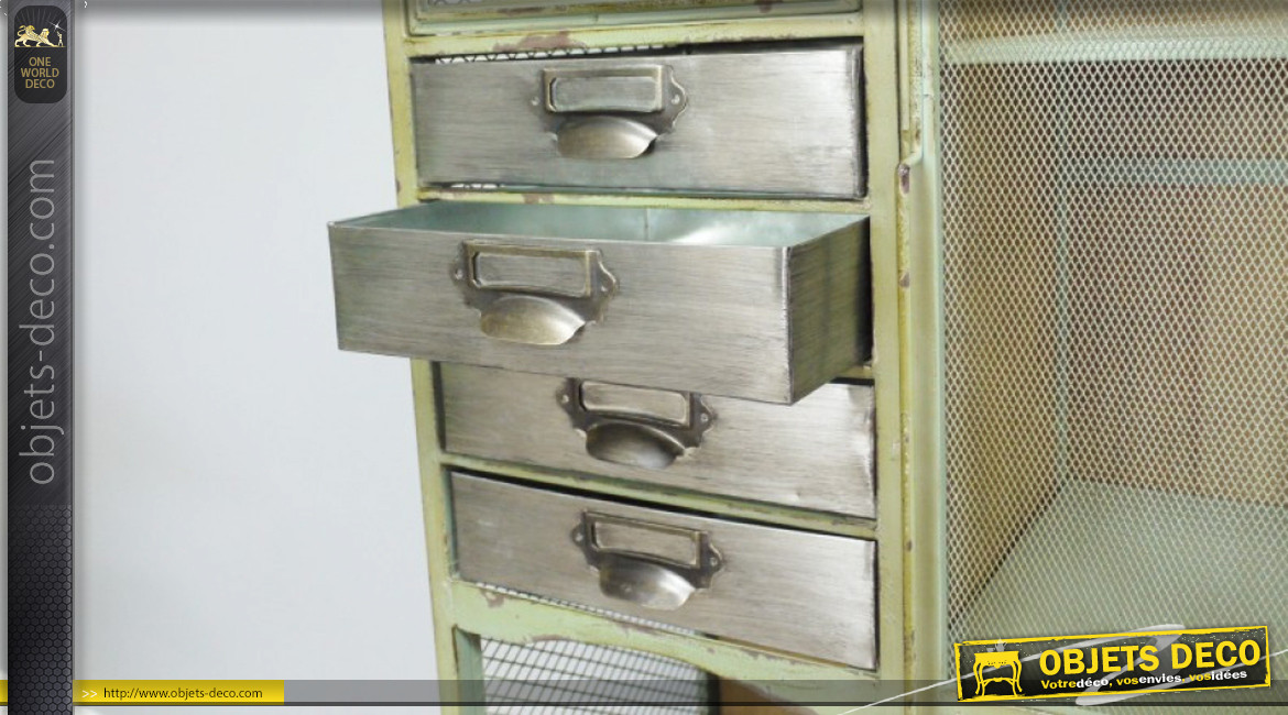Meuble de rangement à tiroirs et compartiments vitrés, ambiance indus atelier, 157cm