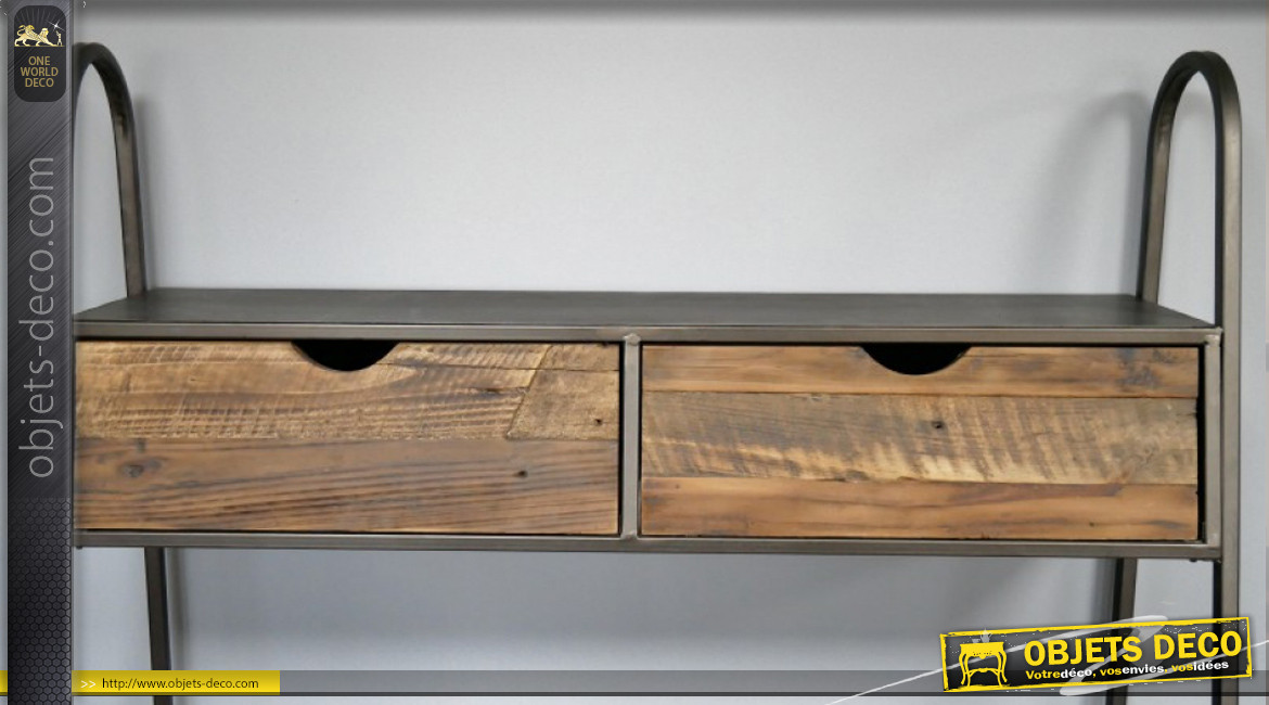 Meuble étagère avec tiroirs, en métal anthracite et bois de sapin vieilli, ambiance indus, 162cm