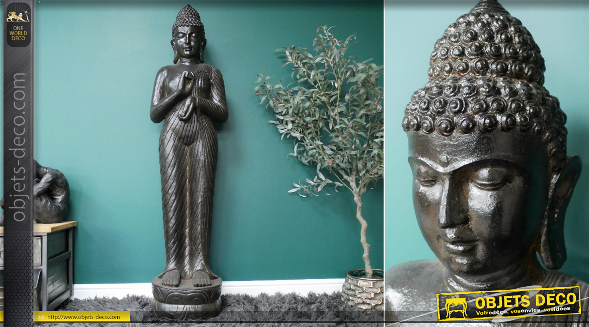 Grande sculpture de Bouddha de 157cm de hauteur finale, finition métal vieilli