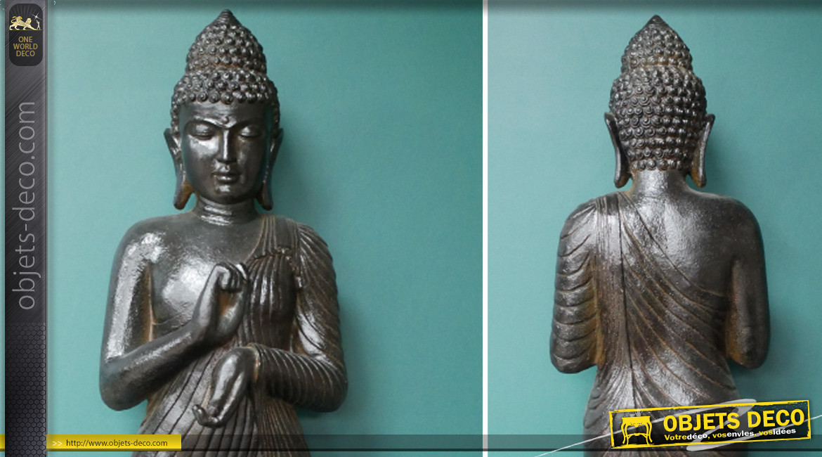 Grande sculpture de Bouddha de 157cm de hauteur finale, finition métal vieilli