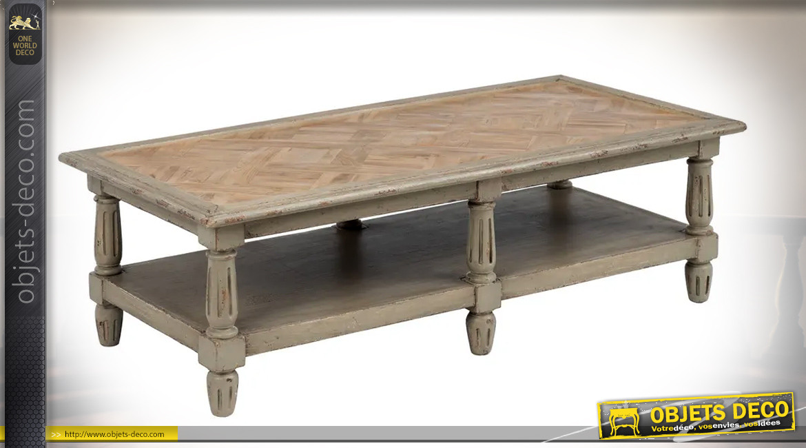 Grande table basse en bois de mindi et teck, finition vert vieilli, 170cm