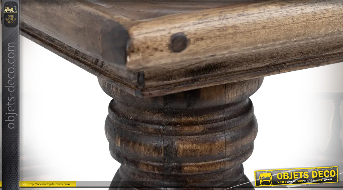 Grande table basse en bois de teck massif, pieds tournés, finition vieilli, 150cm