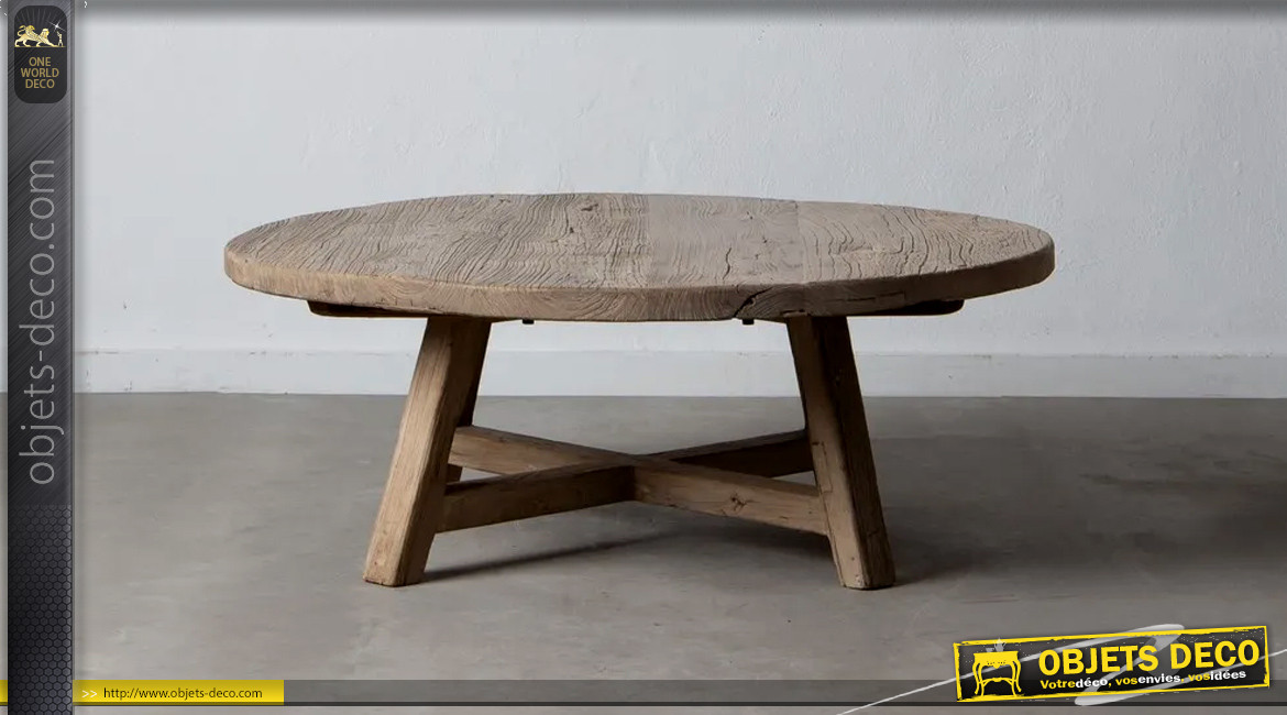Grande table basse en bois massif, ambiance chalet rustique, Ø105cm