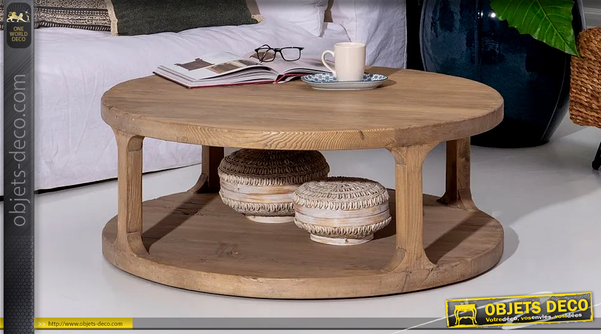 Grande table basse en bois massif, ambiance rustico moderne, Ø105cm