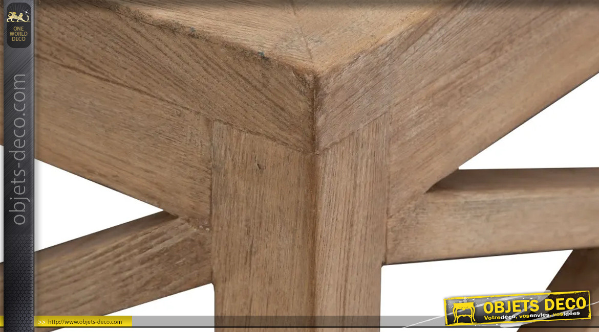 Grande table basse carrée en bois d'orme massif, ambiance charpente brute, 120cm