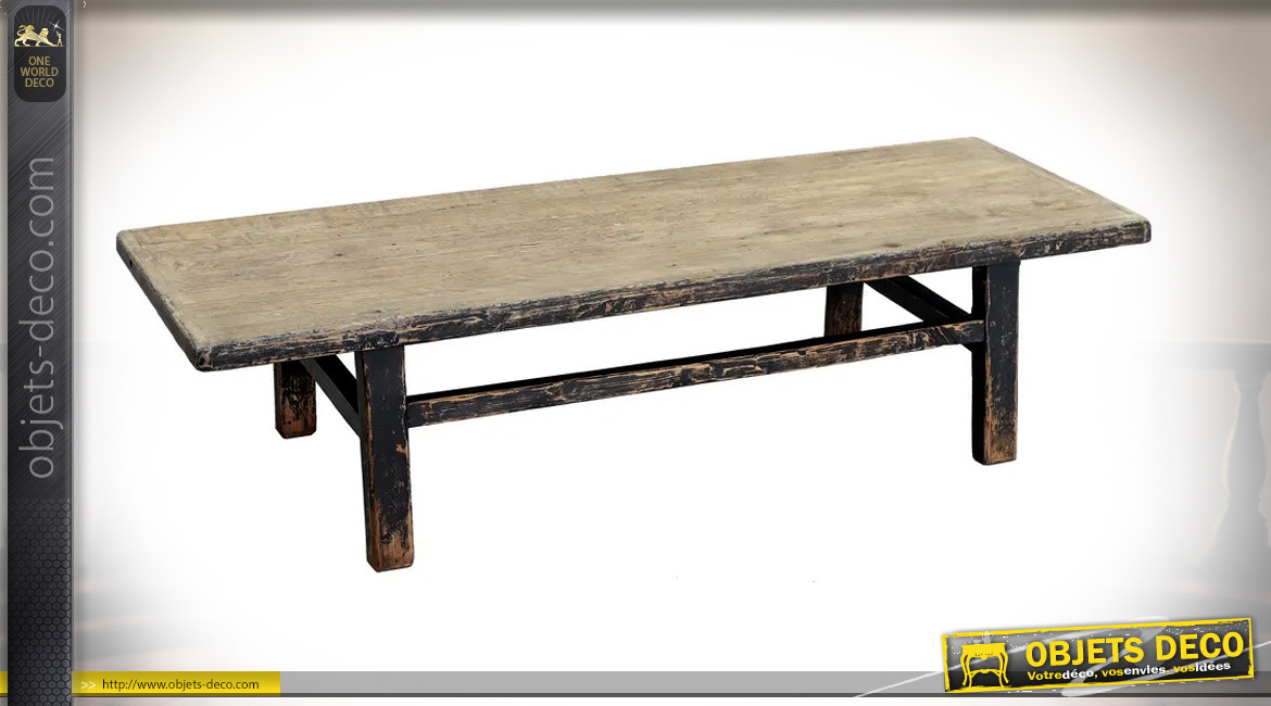 Grande table basse en bois de sapin noir vieilli, ambiance authentique, 162cm