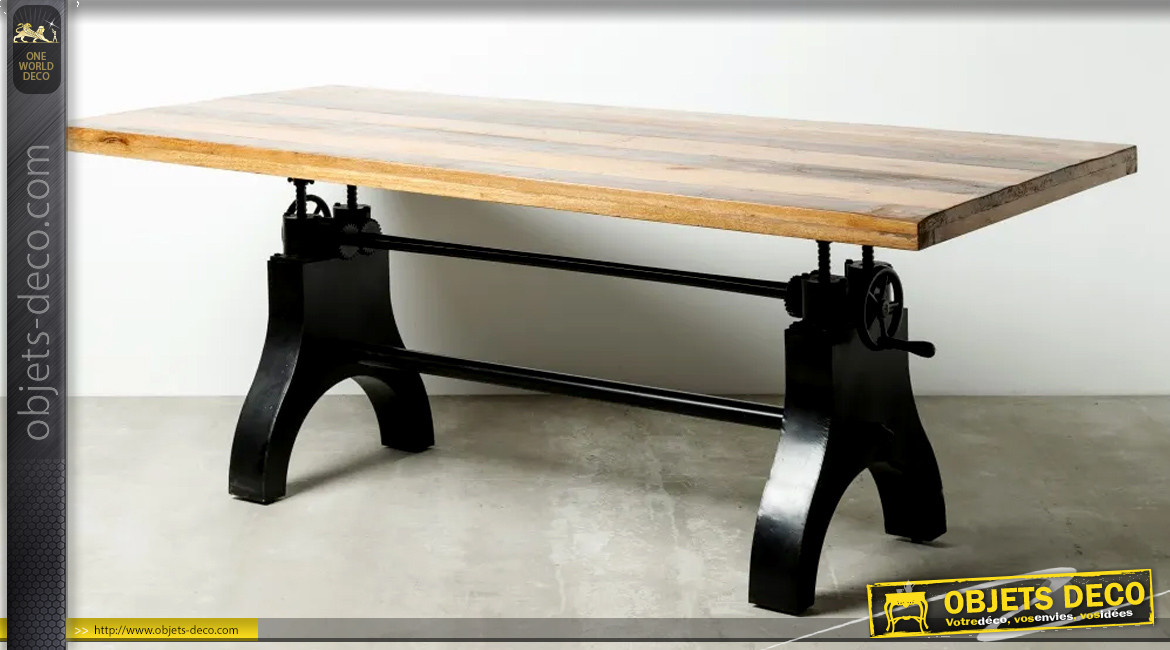 Grande table indus en bois et acier, hauteur ajustable avec système de poulies, 220cm