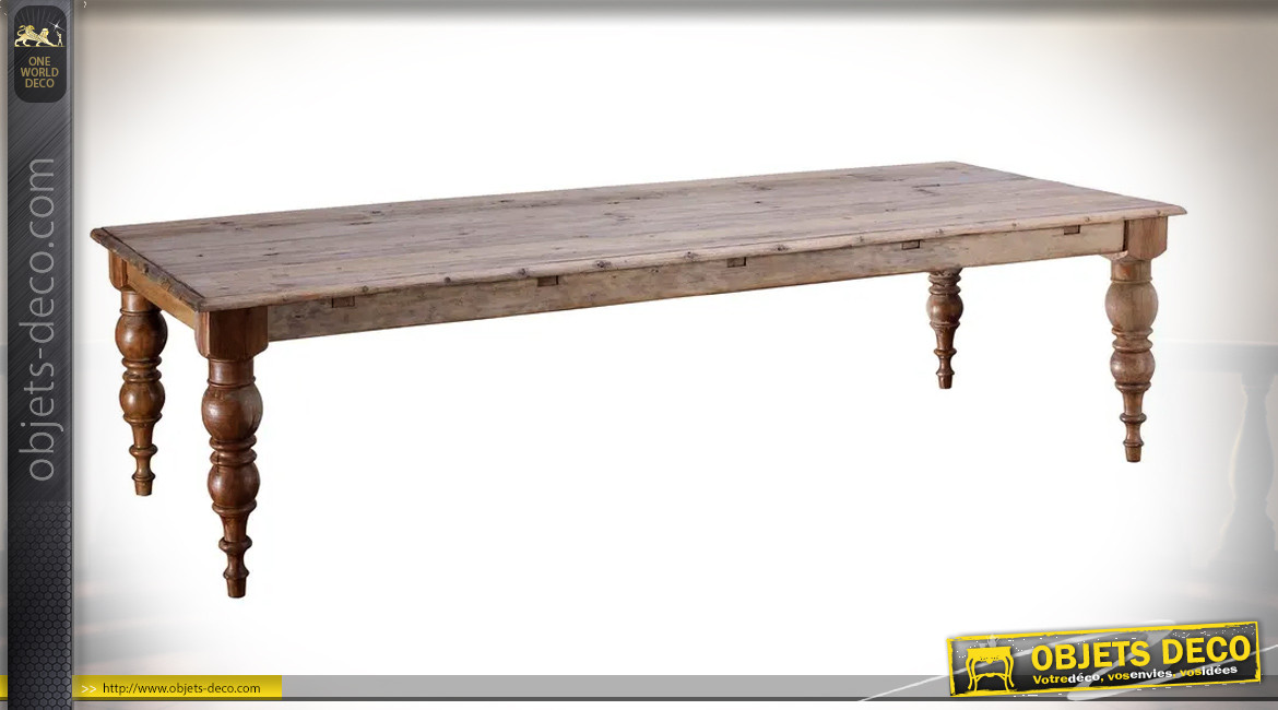 Grande table en teck avec pieds tournés, finition brut, ambiance rustico classique, 300cm