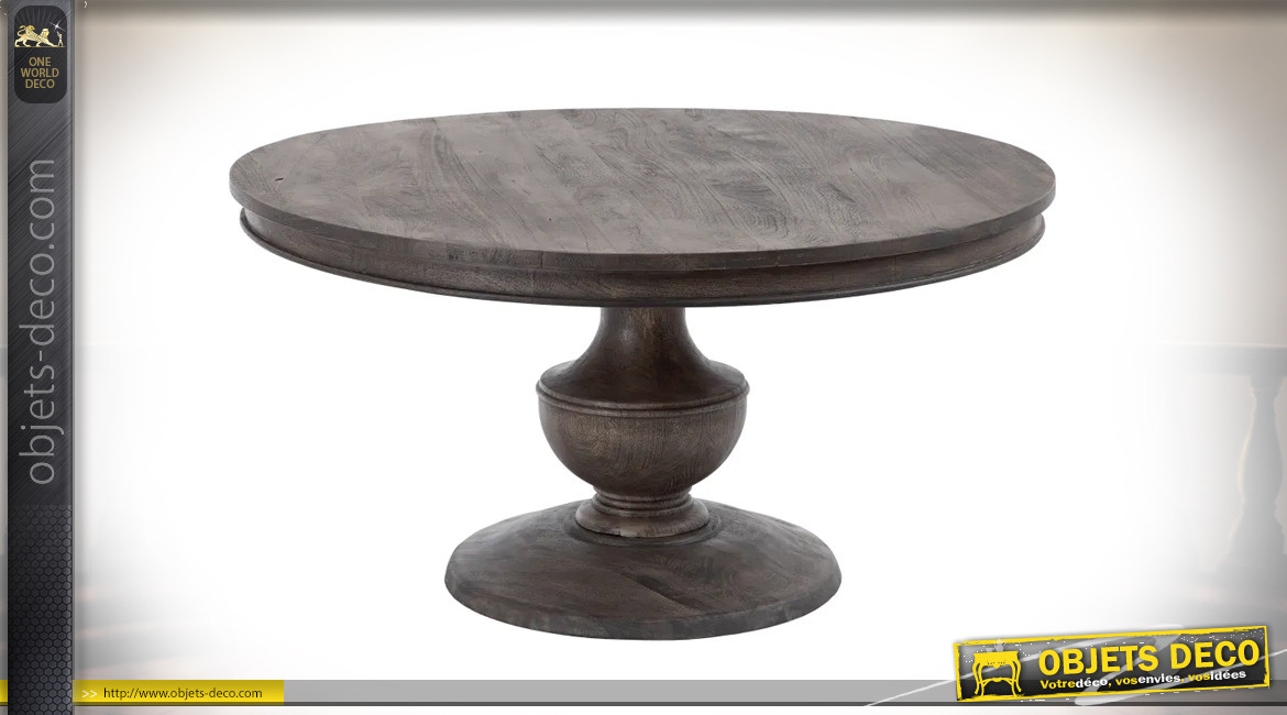 Table de salle à manger ronde, en bois de manguier sculpté, patiné gris ardoise, Ø150cm