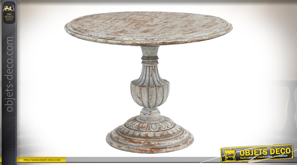 Table ronde en bois de mindi sculpté, formes de fines rosaces, finition vieilli, Ø102cm