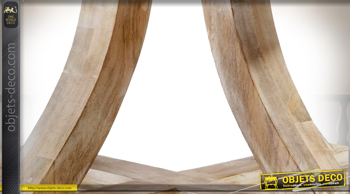 Table ronde en bois de manguier massif, pieds arqués, finition brut naturel, ambiance rustique, Ø150cm