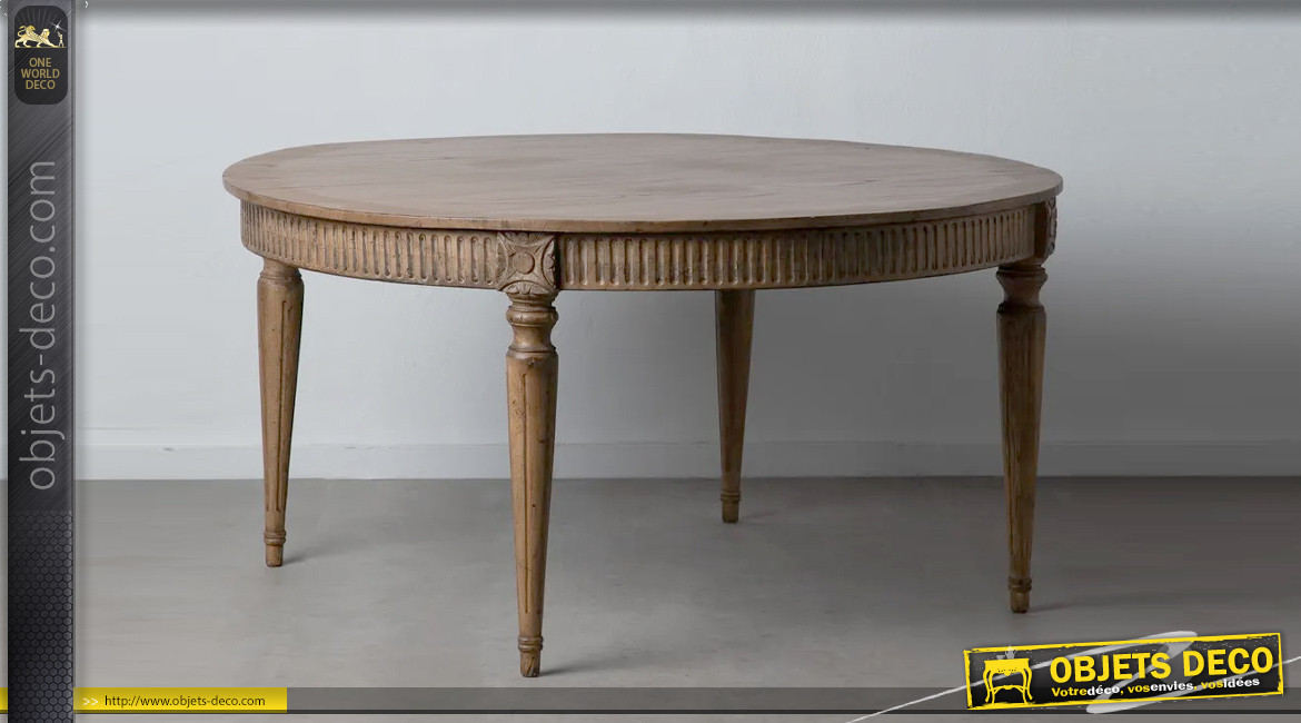 Table ronde en bois de mindi massif sculpté, finition brut vieilli, Ø150cm