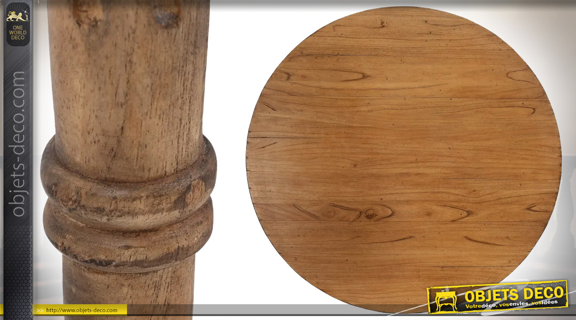 Table ronde en bois de mindi massif sculpté, finition brut vieilli, Ø150cm