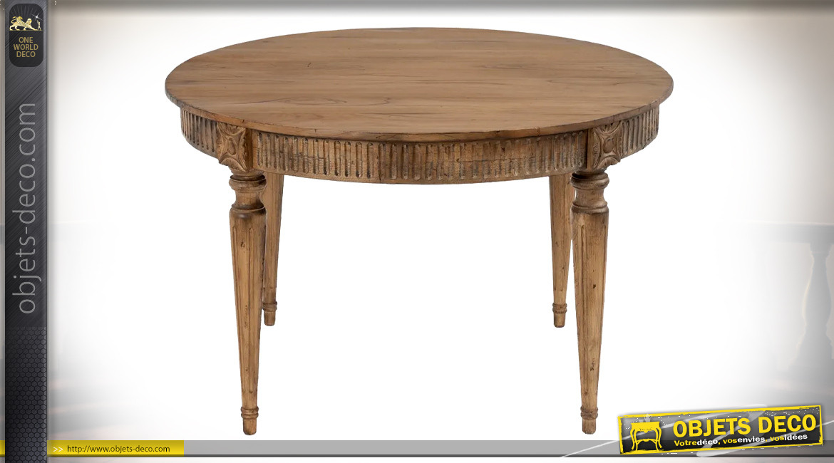 Table de salle à manger ronde en bois sculpté, essence de mindi, finition vieilli, Ø120cm