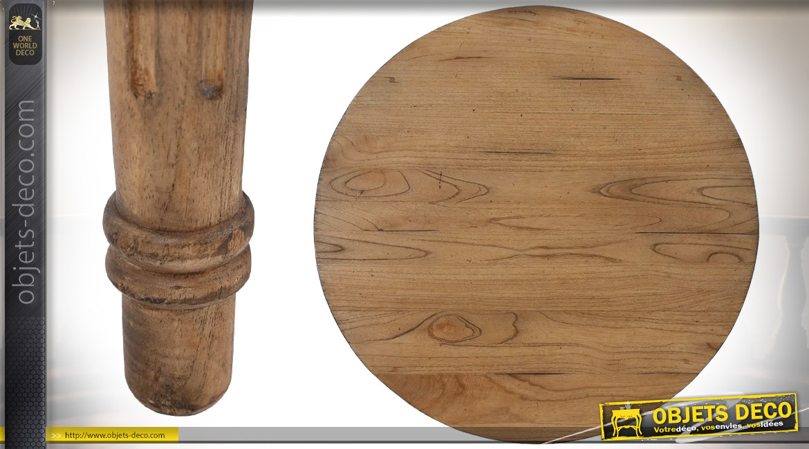 Table de salle à manger ronde en bois sculpté, essence de mindi, finition vieilli, Ø120cm