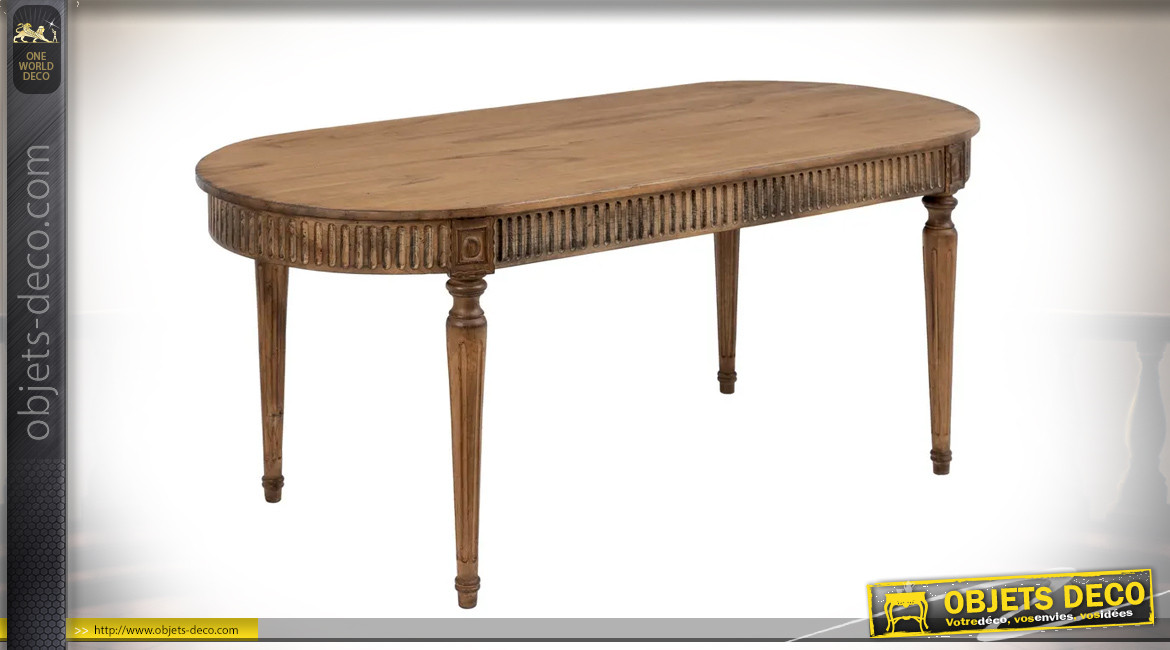 Table de salon ovale en bois de mindi massif sculpté, finition vieilli, style classico chic, 180cm