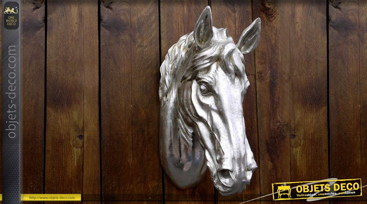 Décoration murale Tête de cheval finition argentée 48 cm
