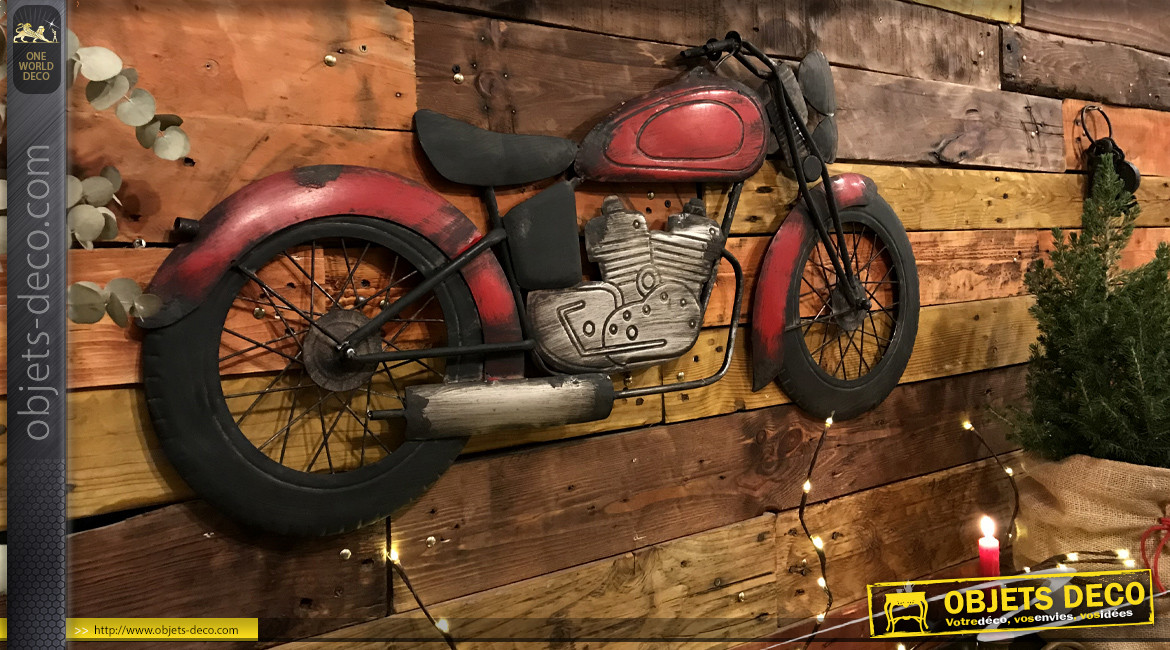 Moto murale en métal finition rouge ancien, effet vieilli, ambiance vintage, 98cm