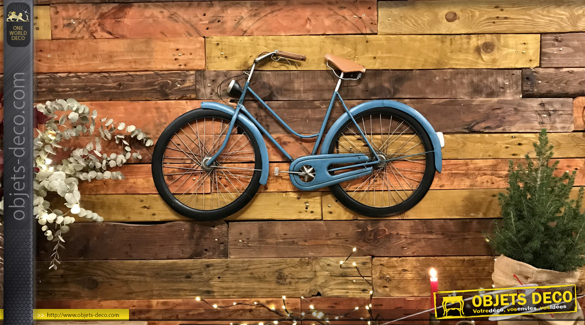 Grand vélo mural en métal finition bleu vieilli, ambiance vintage, 102cm