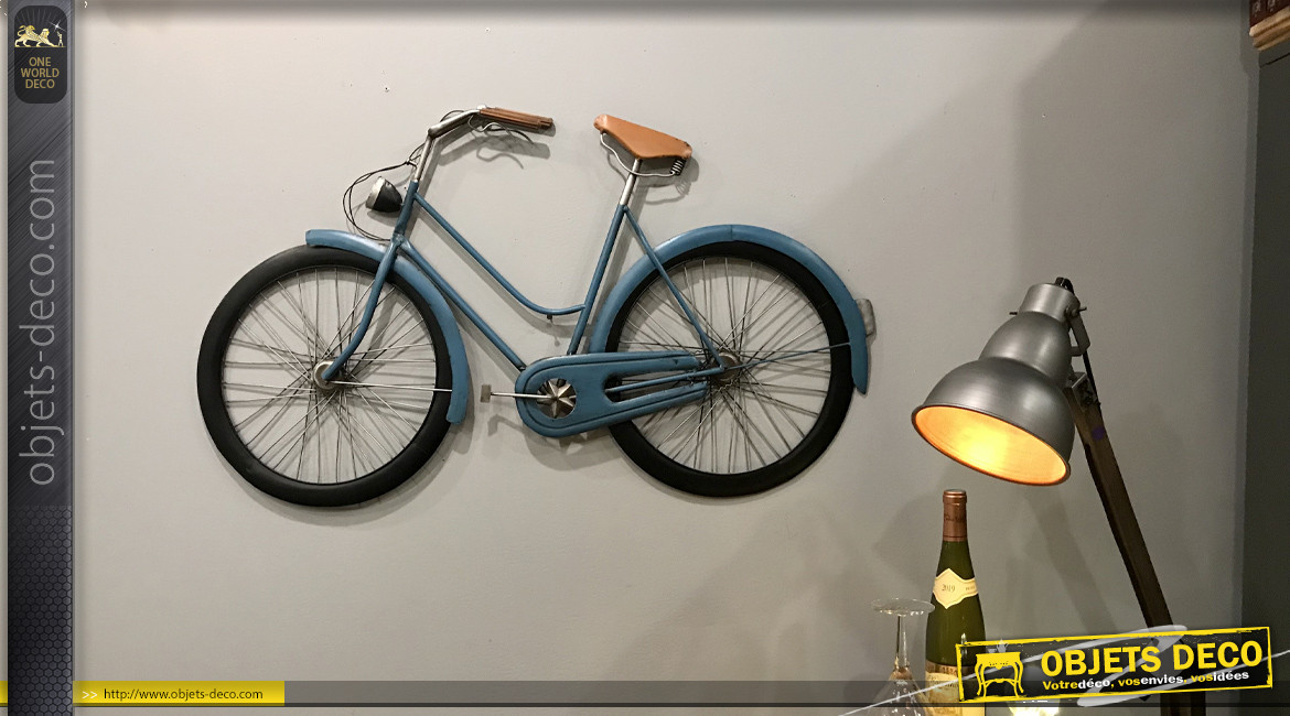 Grand vélo mural en métal finition bleu vieilli, ambiance vintage, 102cm