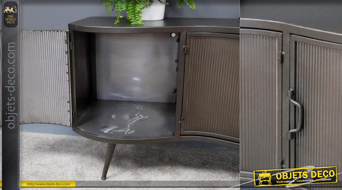 Meuble TV en métal finition anthracite vieilli, ambiance indus chic, forme de vague, 150cm