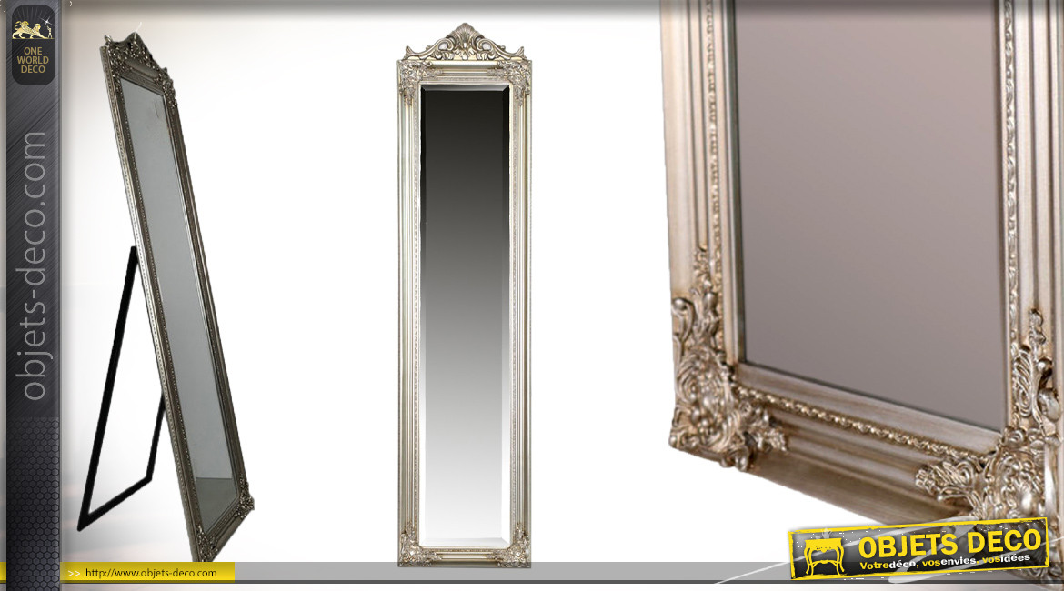 Grand miroir psyché de style baroque, finition vieux argent, 176cm