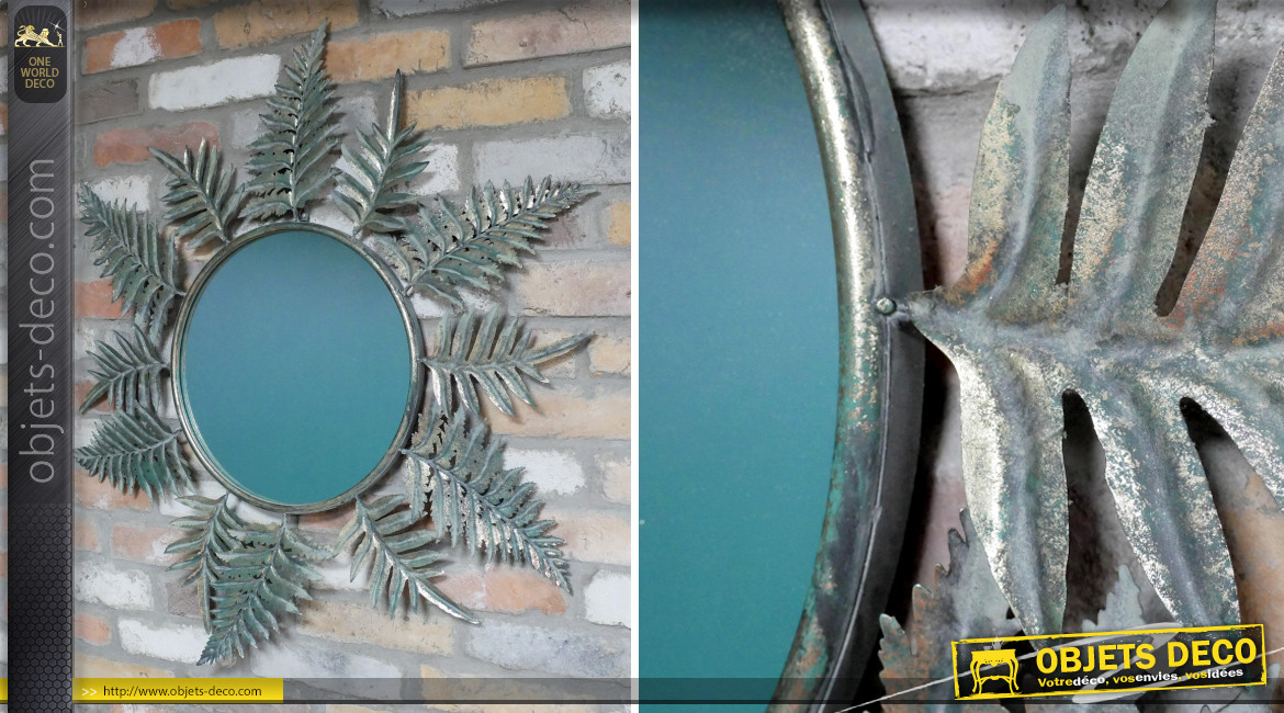 Grand miroir rond en métal avec encadrement de fougères, finition doré vieilli, Ø92cm