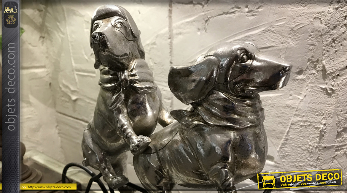 Déco de chiens sur un vélo, en résine et métal, finition noir charbon et argent vieilli, 40cm