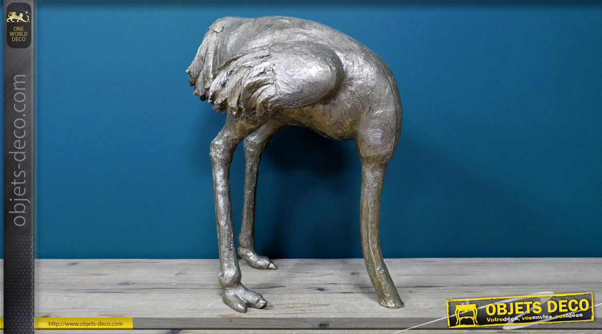 Statue d'autruche avec la tête dans le sol, en résine finition brillant effet ancien, 45cm