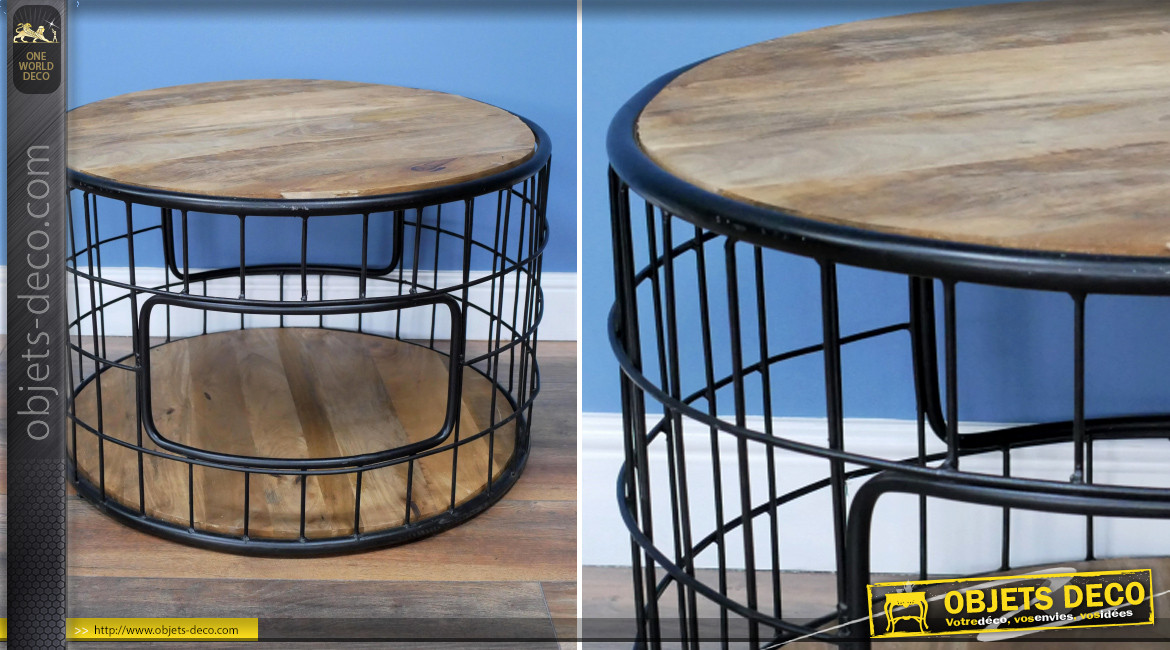 Table basse en acier vieilli et bois de manguier massif, ambiance indus, forme ronde de Ø70cm