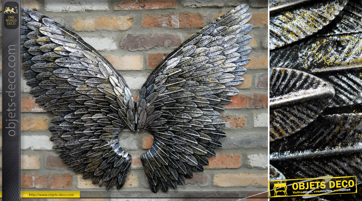 Grande paire d'ailes murales en métal, finition argenté et noir vieilli, 90cm
