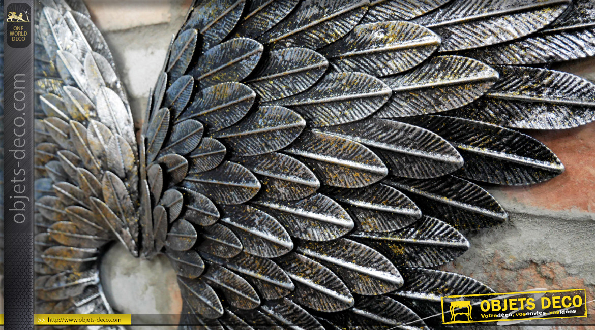 Grande paire d'ailes murales en métal, finition argenté et noir vieilli, 90cm