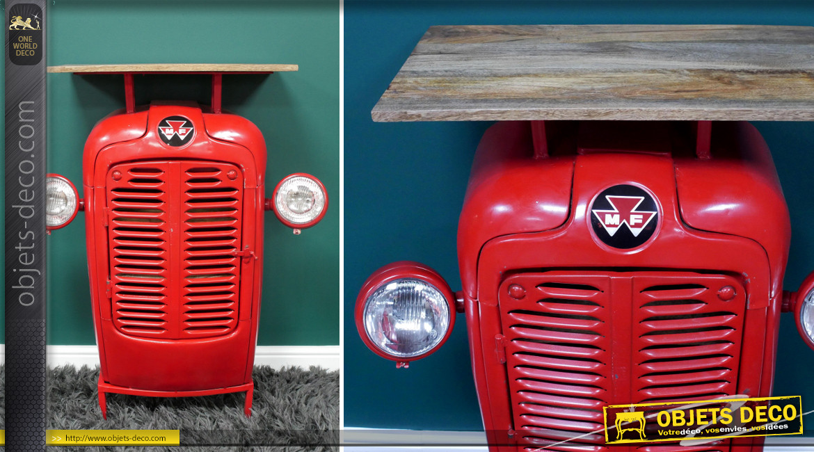 Meuble bar version moteur de tracteur, finition rouge brillant, en métal et bois massif, 104cm