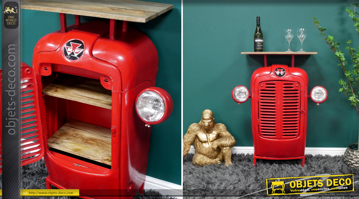 Meuble bar version moteur de tracteur, finition rouge brillant, en métal et bois massif, 104cm