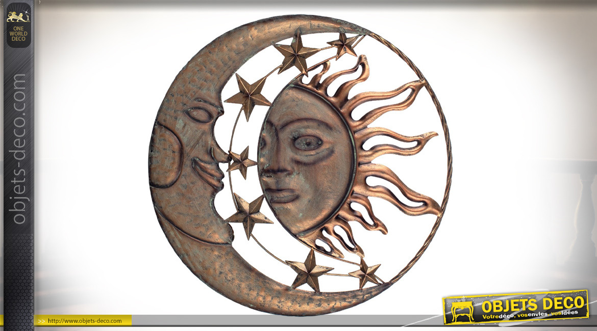 Décoration murale en métal, Lune et Soleil finition cuivré brillant, Ø56cm