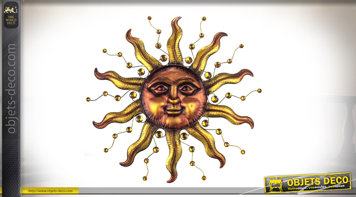 Déco murale en métal en forme de soleil, finition brillante et chaleureuse, Ø75cm