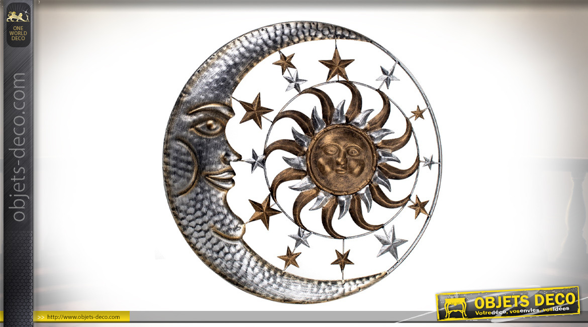 Déco murale en métal avec Lune et Soleil entrelacés, esprit Ying Yang, finition brillant, Ø70cm