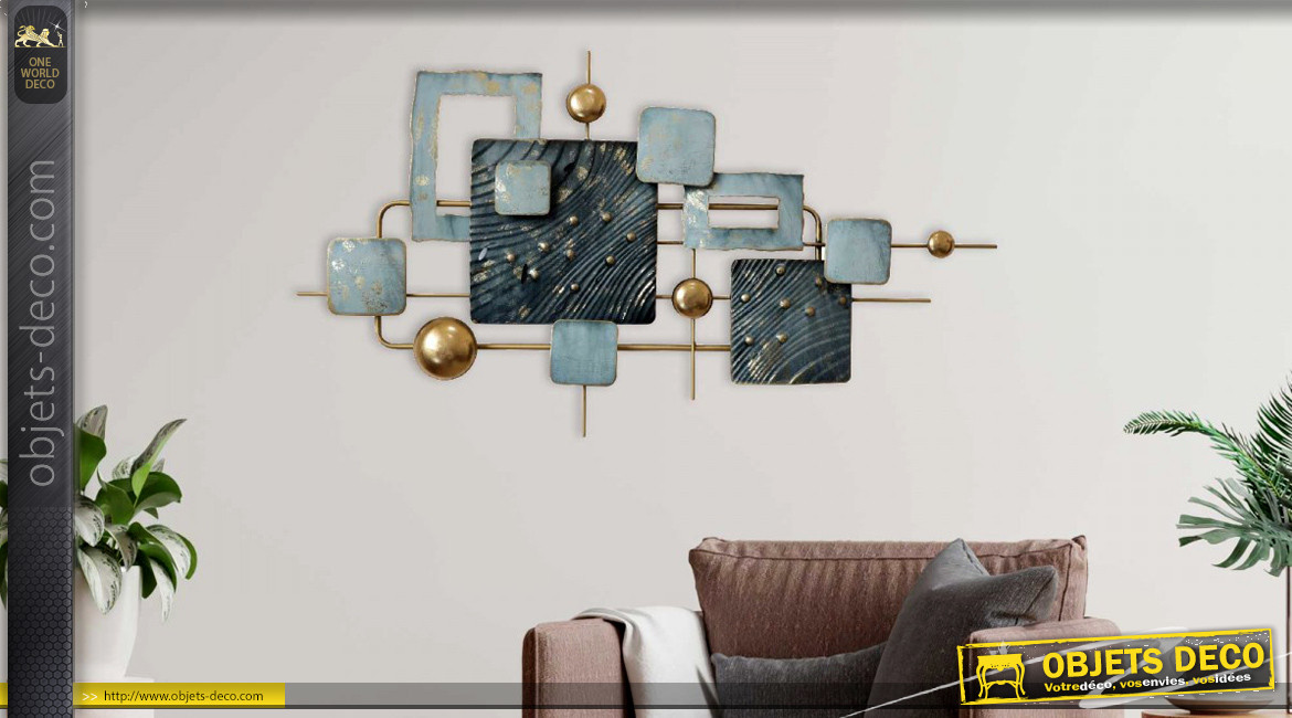 Décoration murale géométrique, teintes bleu doré, métal texturisé et brillant, 90cm