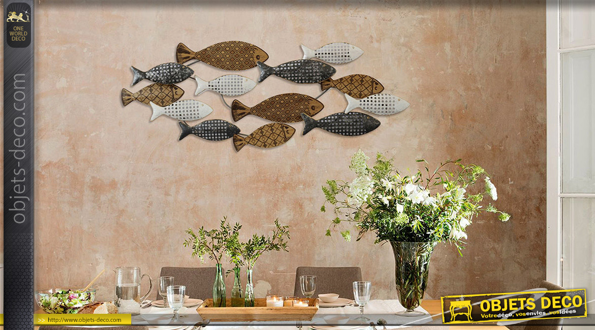 Banc de poisson mural en métal, coloré et texturisé effet bois, ambiance bord de mer, 99cm