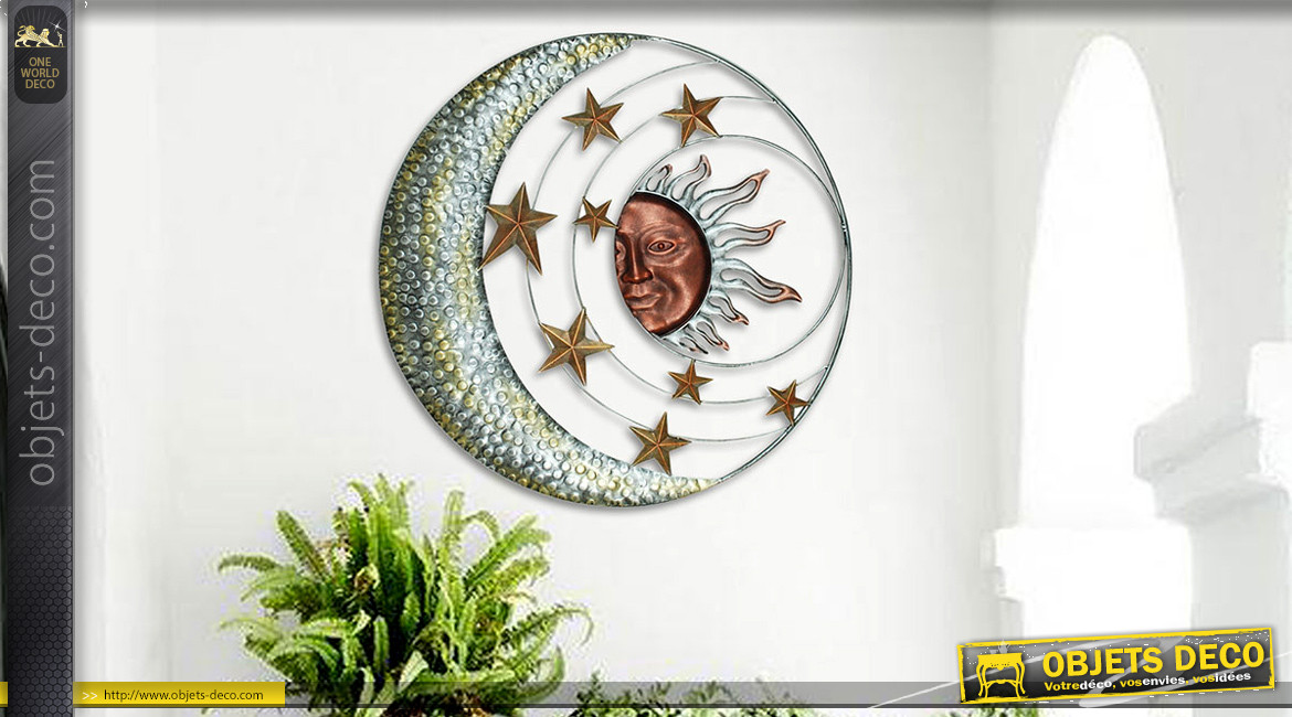 Grand disque mural avec lune et soleil au centre, finition cuivré et argenté, ambiance Ying et Yang, Ø90cm