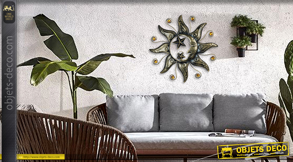 Soleil mural en métal finition charbon brillant et argenté avec touches ambrées, Ø40cm