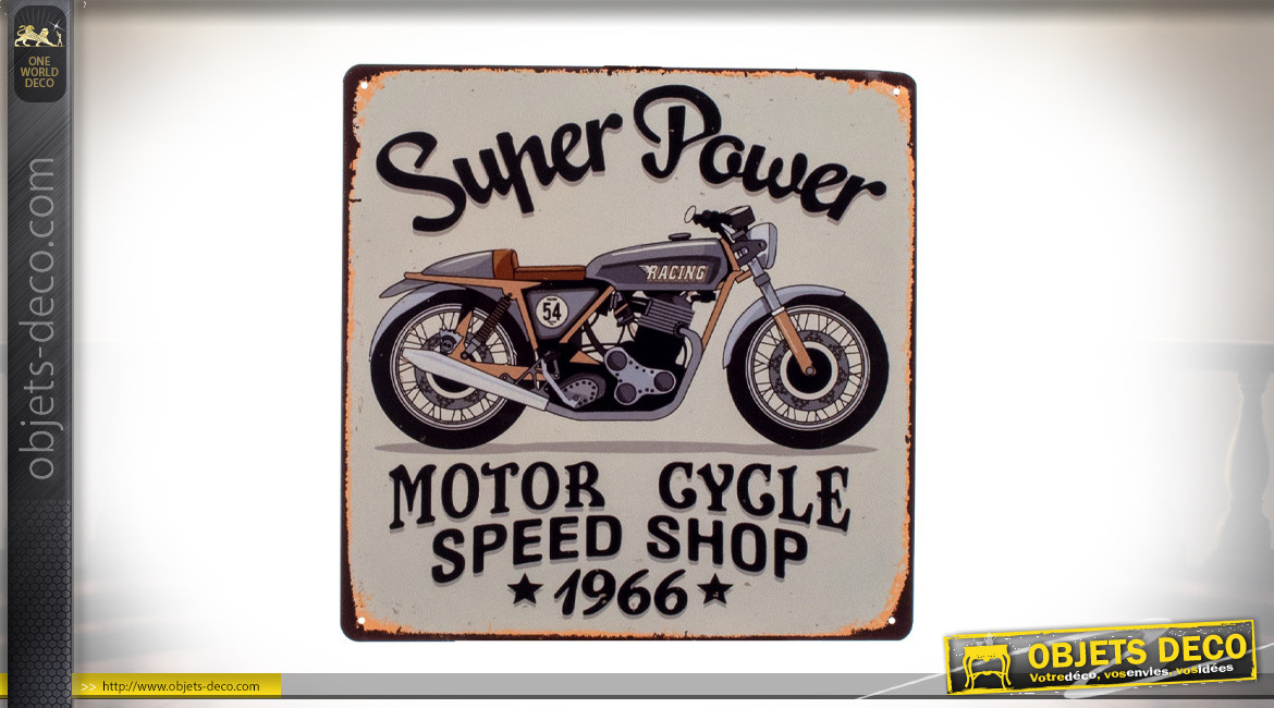 Plaque murale en métal carrée avec impression de moto type enseigne vintage, 30cm