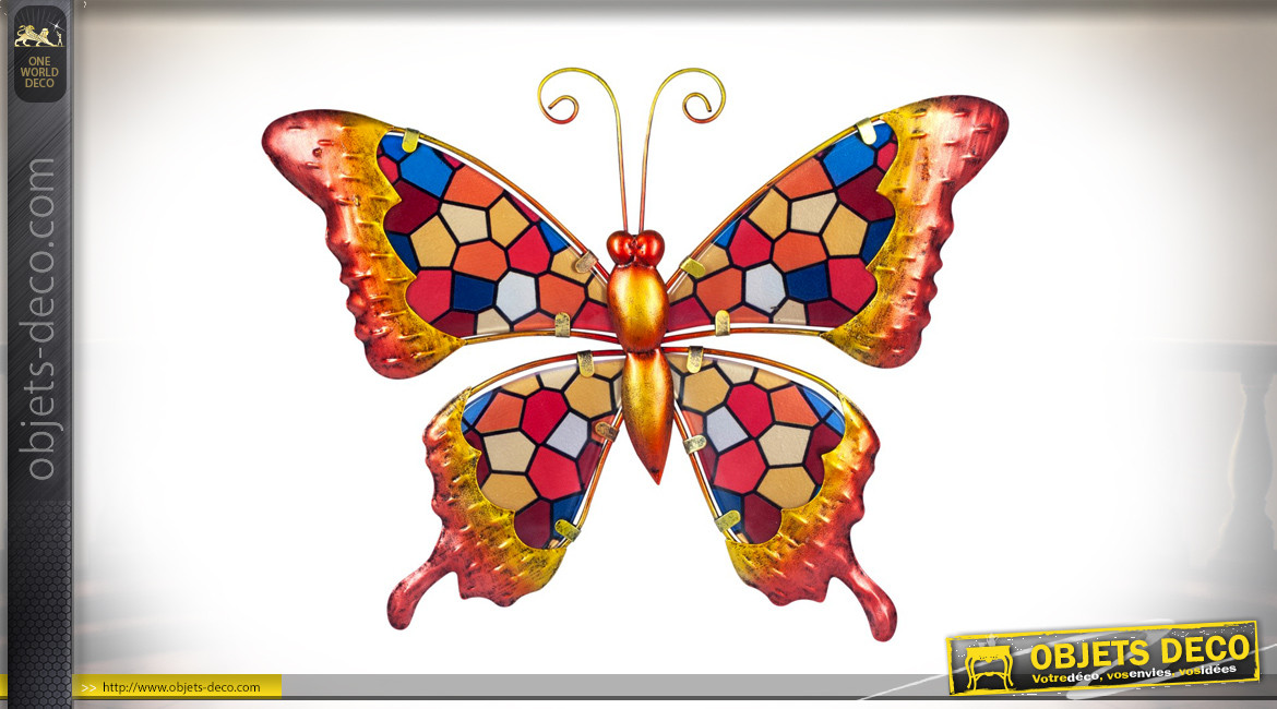 Série de 3 papillons muraux en métal et mosaique de verre coloré, 32cm
