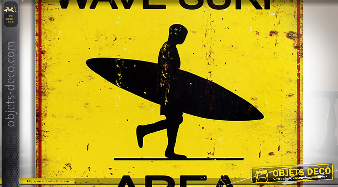 Plaque murale en métal, indication d'une zone de surf, ambiance vintage oxydé, 30x30cm